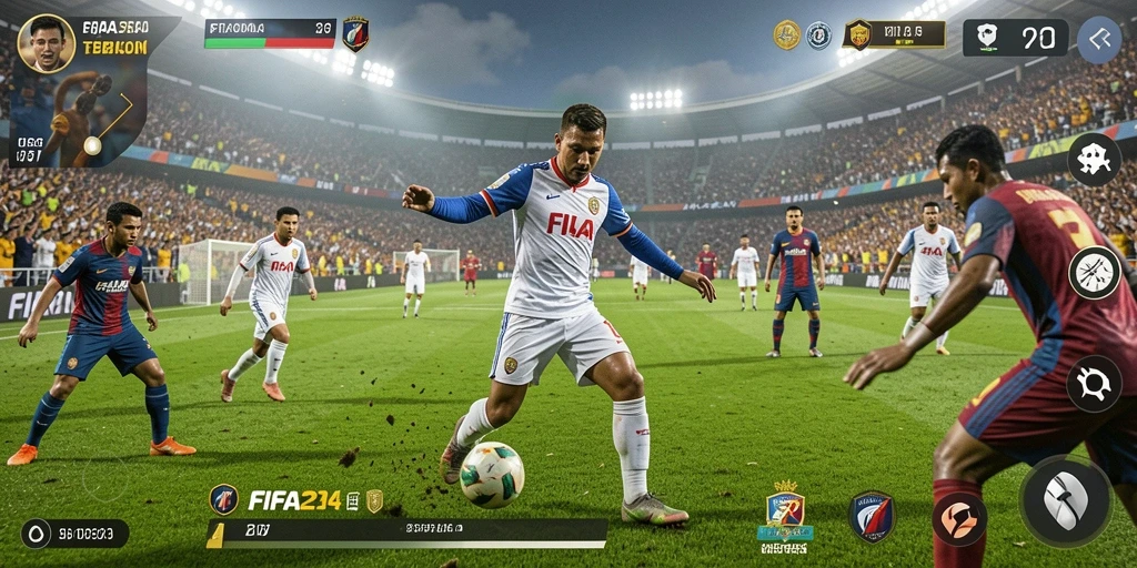 Tangkapan layar menunjukkan gameplay <strong>FIFA234</strong> dengan aksi seru di lapangan sepakbola.