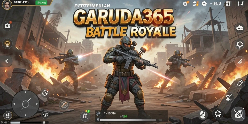 Screenshot gameplay GARUDA365 menunjukkan aksi pertarungan intens di dunia Battle Royale.