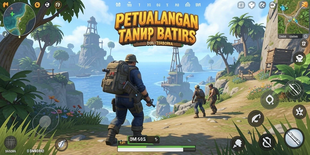 Screenshot gameplay SM605 menampilkan aksi di dunia terbuka yang luas.