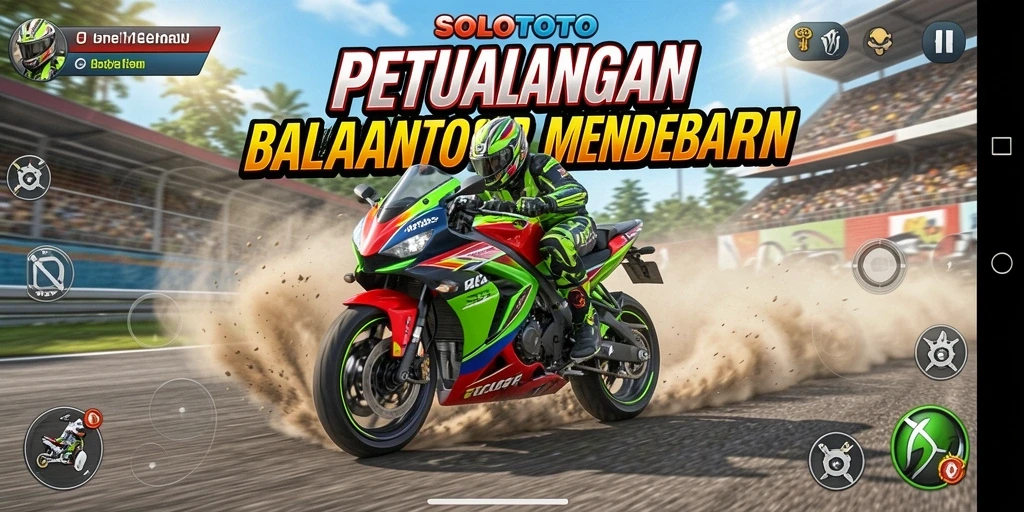 Screenshot dari gameplay mendebarkan SOLOTOTO, menampilkan balapan motor yang intens.