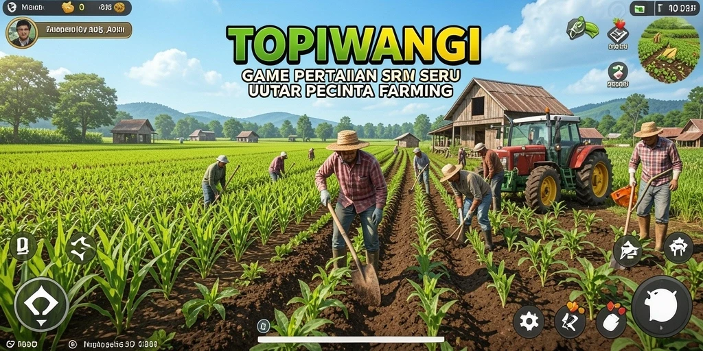 Screenshot gameplay TOPIWANGI menampilkan aktivitas bertani dengan berbagai tanaman.