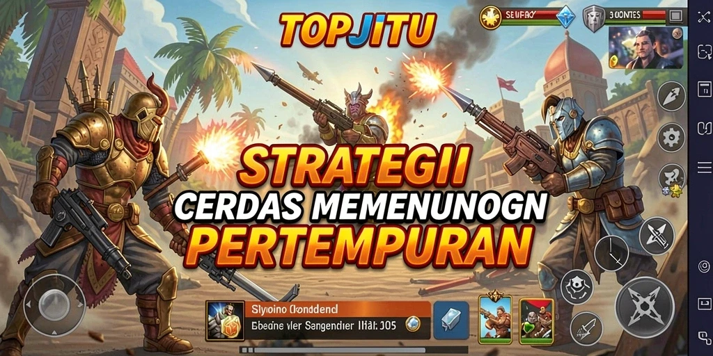 Tangkapan layar gameplay TOPJITU yang menunjukkan pertempuran strategis yang mendebarkan.