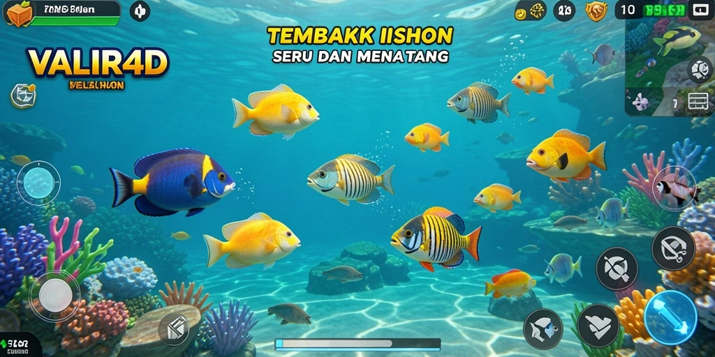 Screenshot utama VALIR4D menunjukkan aksi menembak ikan yang mendebarkan.